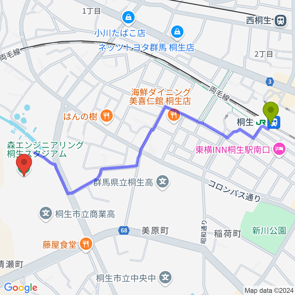 森エンジニアリング桐生スタジアムの最寄駅桐生駅からの徒歩ルート（約13分）地図