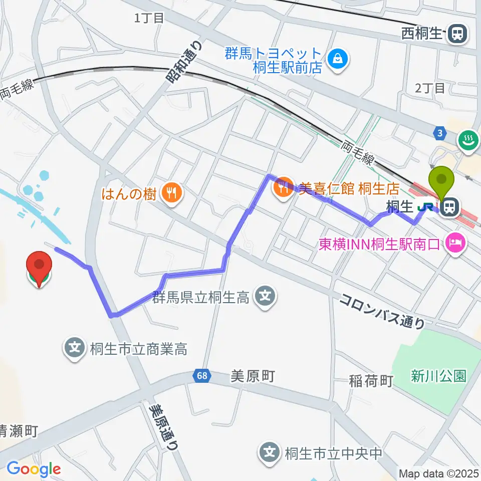 森エンジニアリング桐生スタジアムの最寄駅桐生駅からの徒歩ルート（約13分）地図