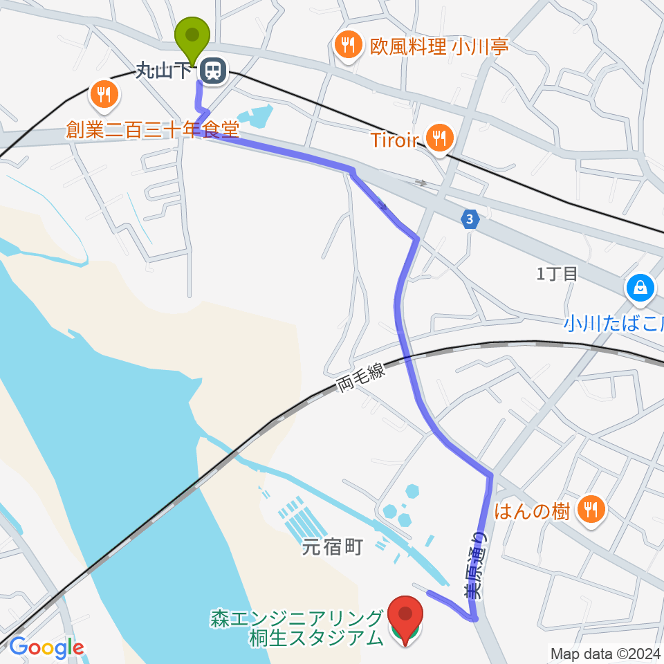 丸山下駅から森エンジニアリング桐生スタジアムへのルートマップ地図