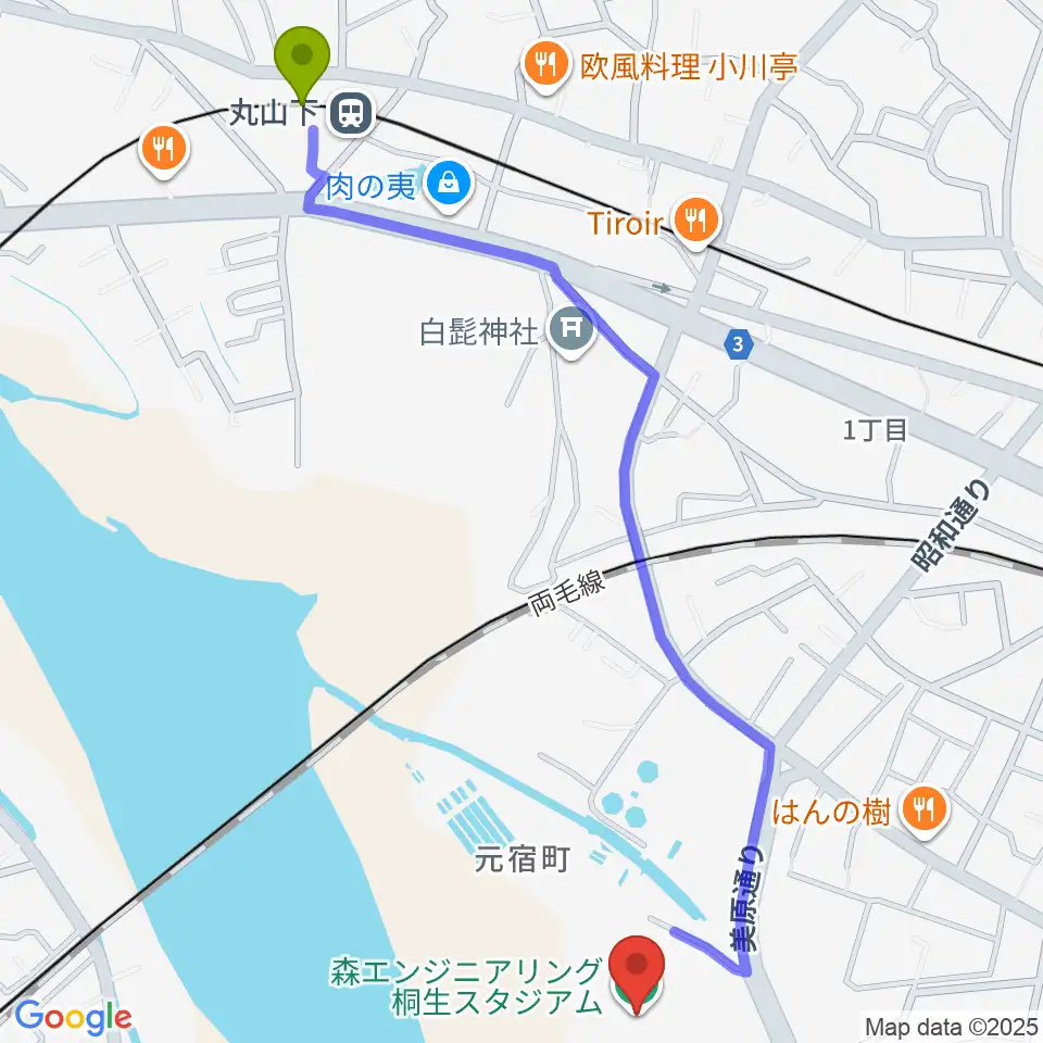 丸山下駅から森エンジニアリング桐生スタジアムへのルートマップ地図