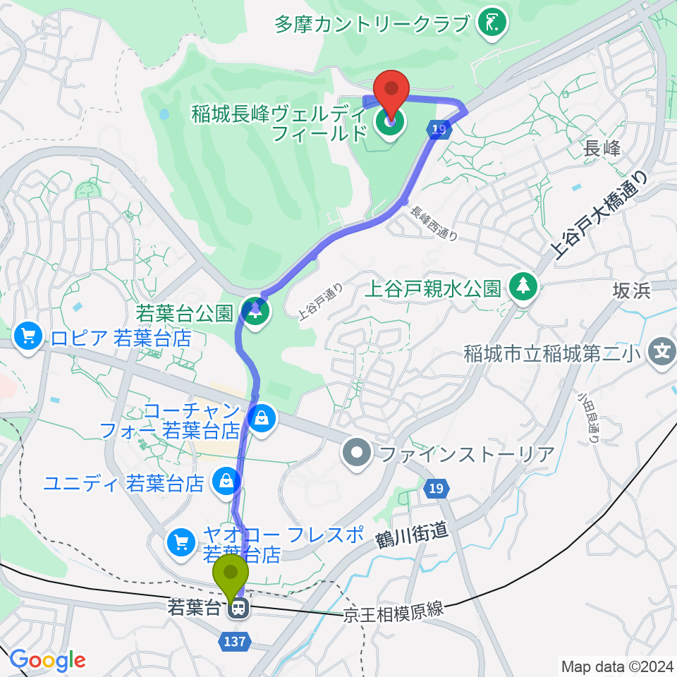 稲城長峰ヴェルディフィールドの最寄駅若葉台駅からの徒歩ルート（約23分）地図