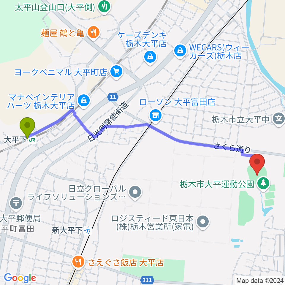 大平下駅からエイジェックさくら球場へのルートマップ地図