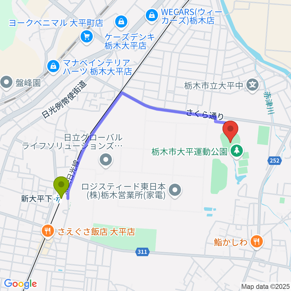 エイジェックさくら球場の最寄駅新大平下駅からの徒歩ルート（約19分）地図