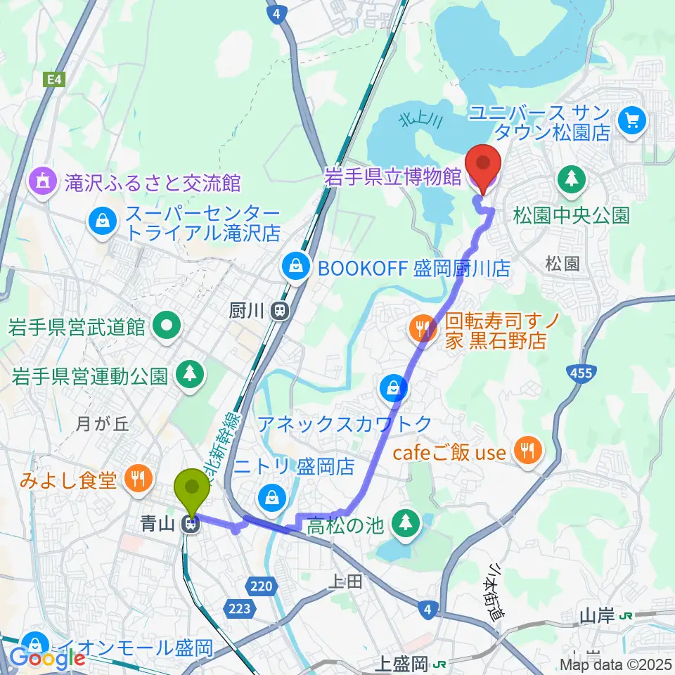青山駅から岩手県立博物館へのルートマップ地図
