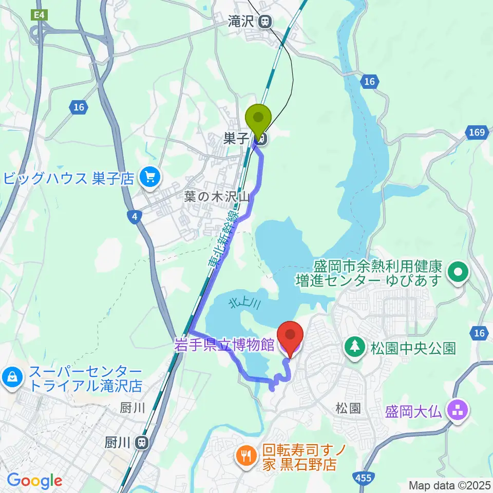 巣子駅から岩手県立博物館へのルートマップ地図
