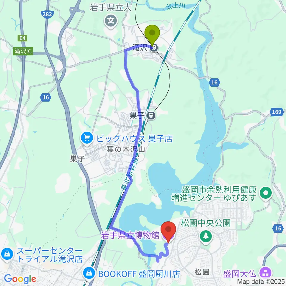 滝沢駅から岩手県立博物館へのルートマップ地図