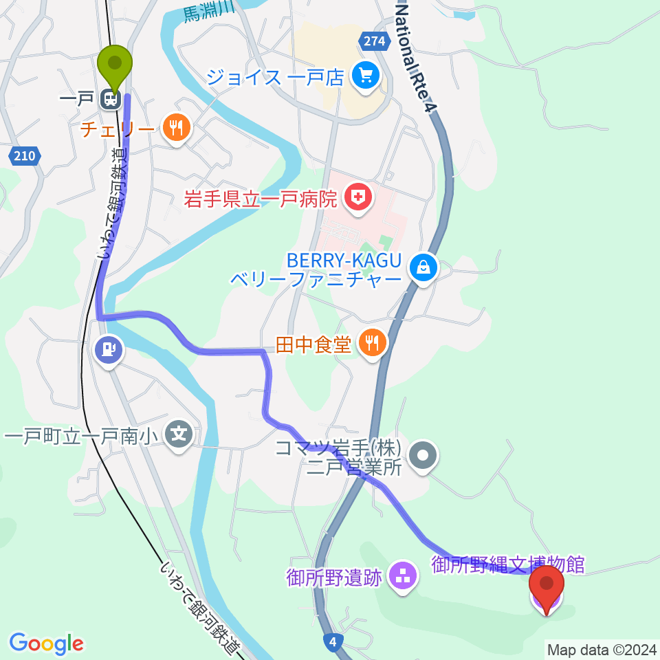 御所野縄文博物館の最寄駅一戸駅からの徒歩ルート（約30分）地図