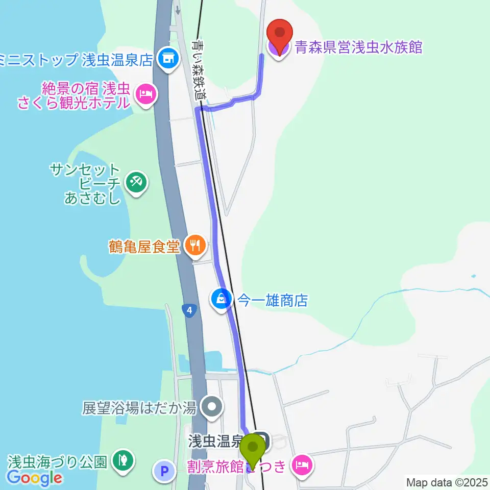 青森県営浅虫水族館の最寄駅浅虫温泉駅からの徒歩ルート（約12分）地図
