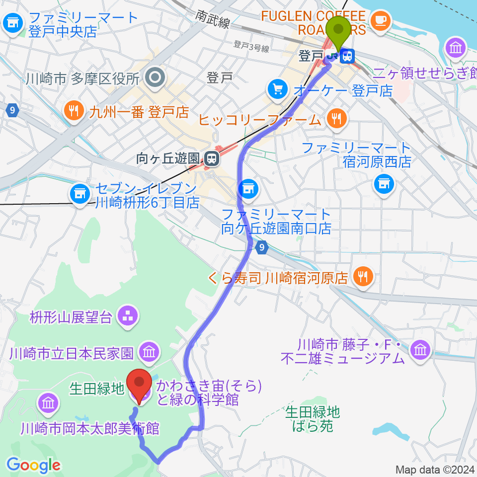 登戸駅からかわさき宙(そら)と緑の科学館へのルートマップ地図