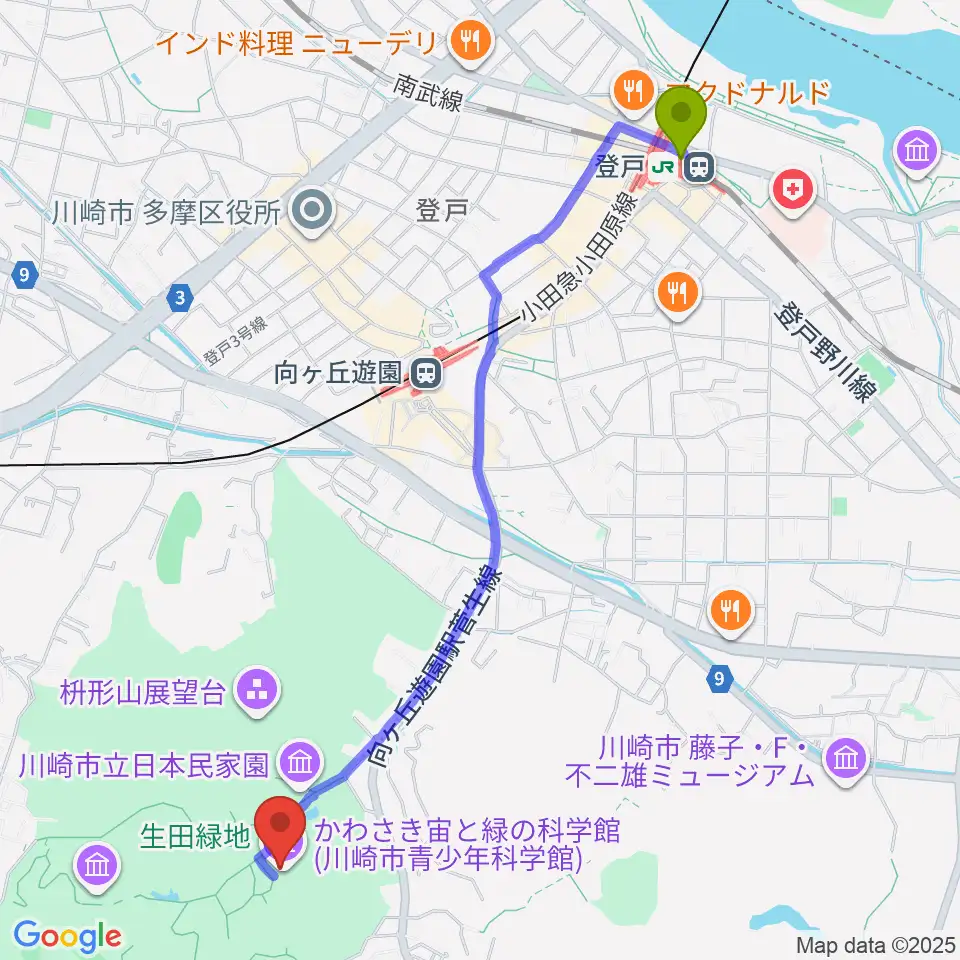 登戸駅からかわさき宙(そら)と緑の科学館へのルートマップ地図