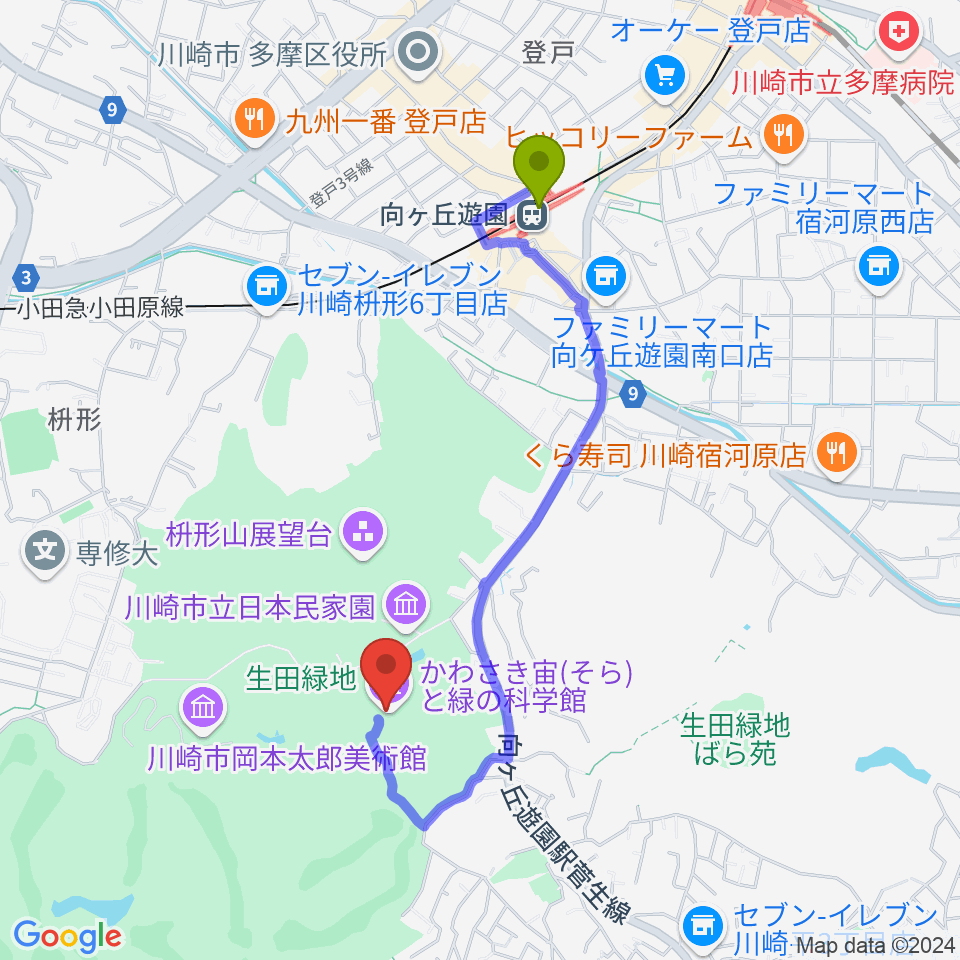 かわさき宙(そら)と緑の科学館の最寄駅向ヶ丘遊園駅からの徒歩ルート（約17分）地図