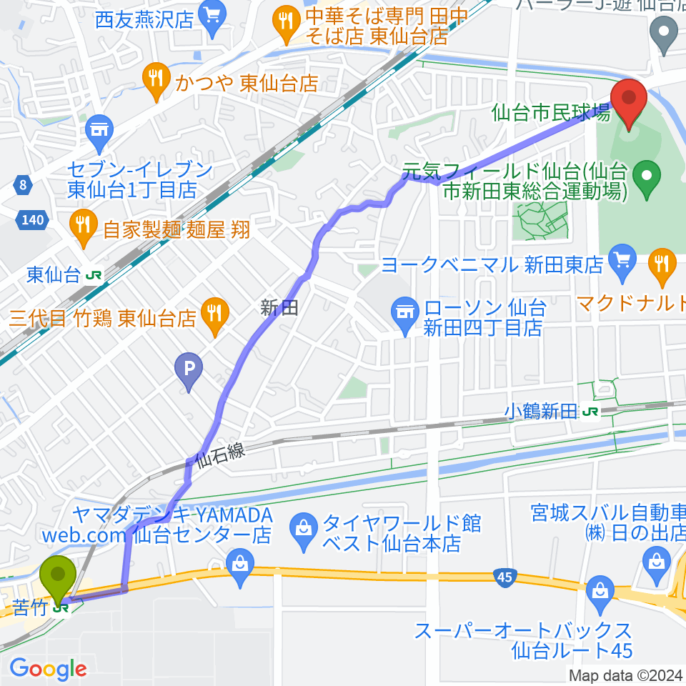 苦竹駅から仙台市民球場へのルートマップ地図