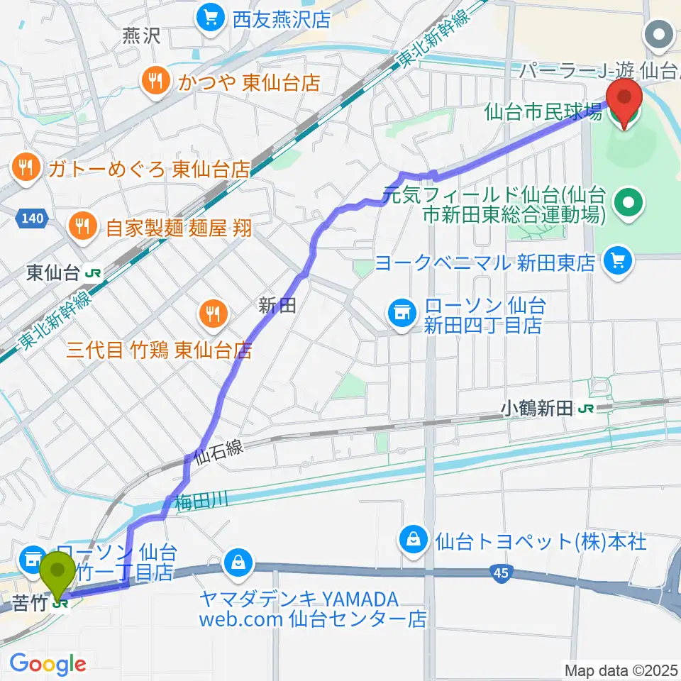 苦竹駅から仙台市民球場へのルートマップ地図