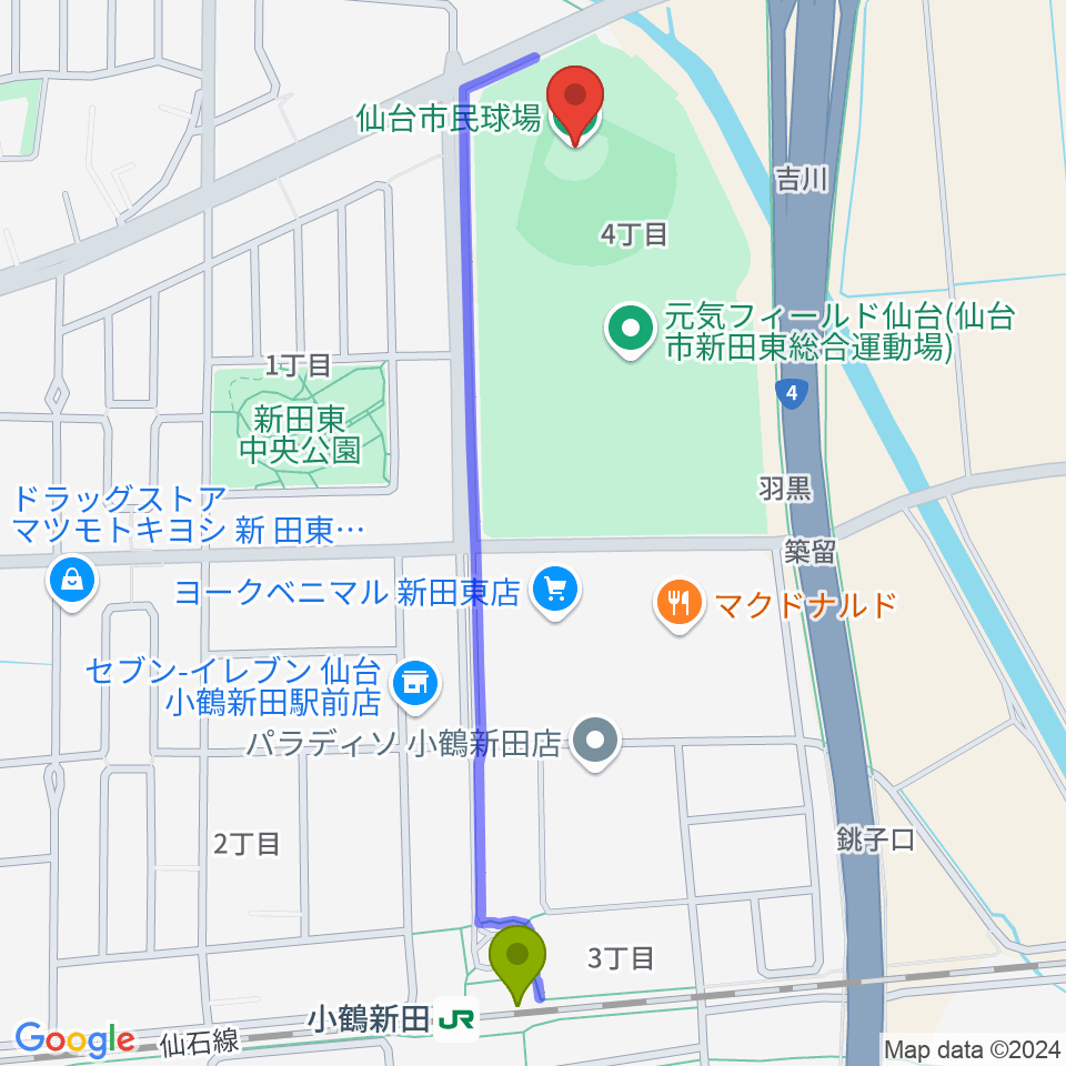 仙台市民球場の最寄駅小鶴新田駅からの徒歩ルート（約12分）地図