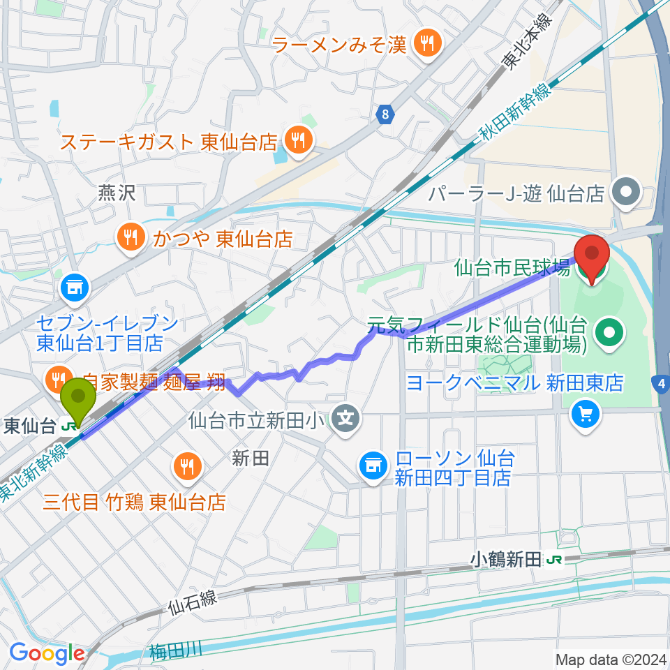 東仙台駅から仙台市民球場へのルートマップ地図