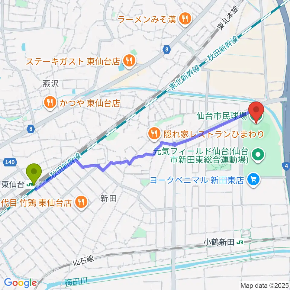 東仙台駅から仙台市民球場へのルートマップ地図