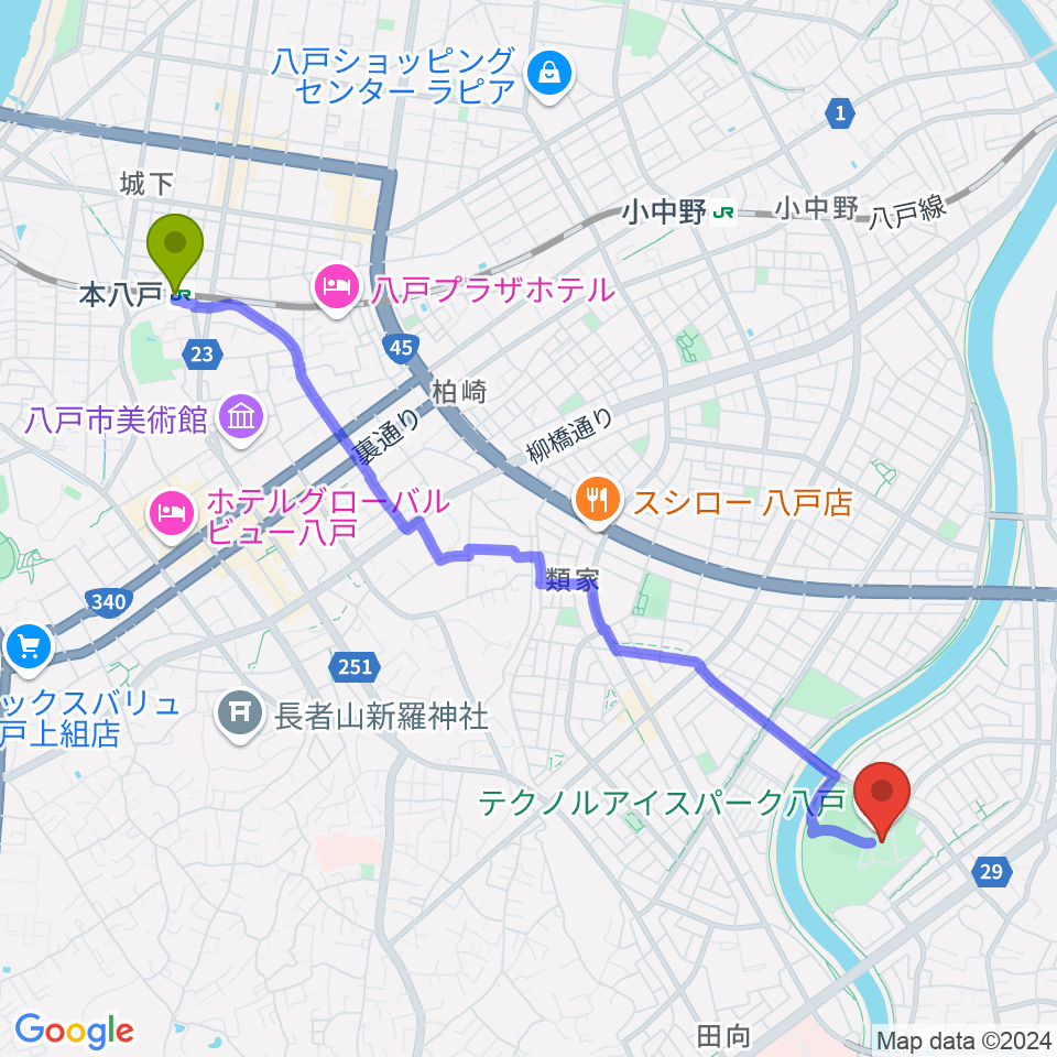 本八戸駅からテクノルアイスパーク八戸へのルートマップ地図