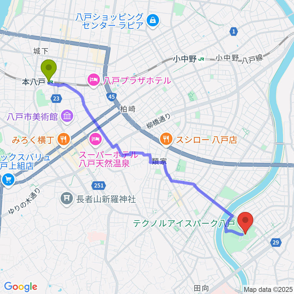 本八戸駅からテクノルアイスパーク八戸へのルートマップ地図