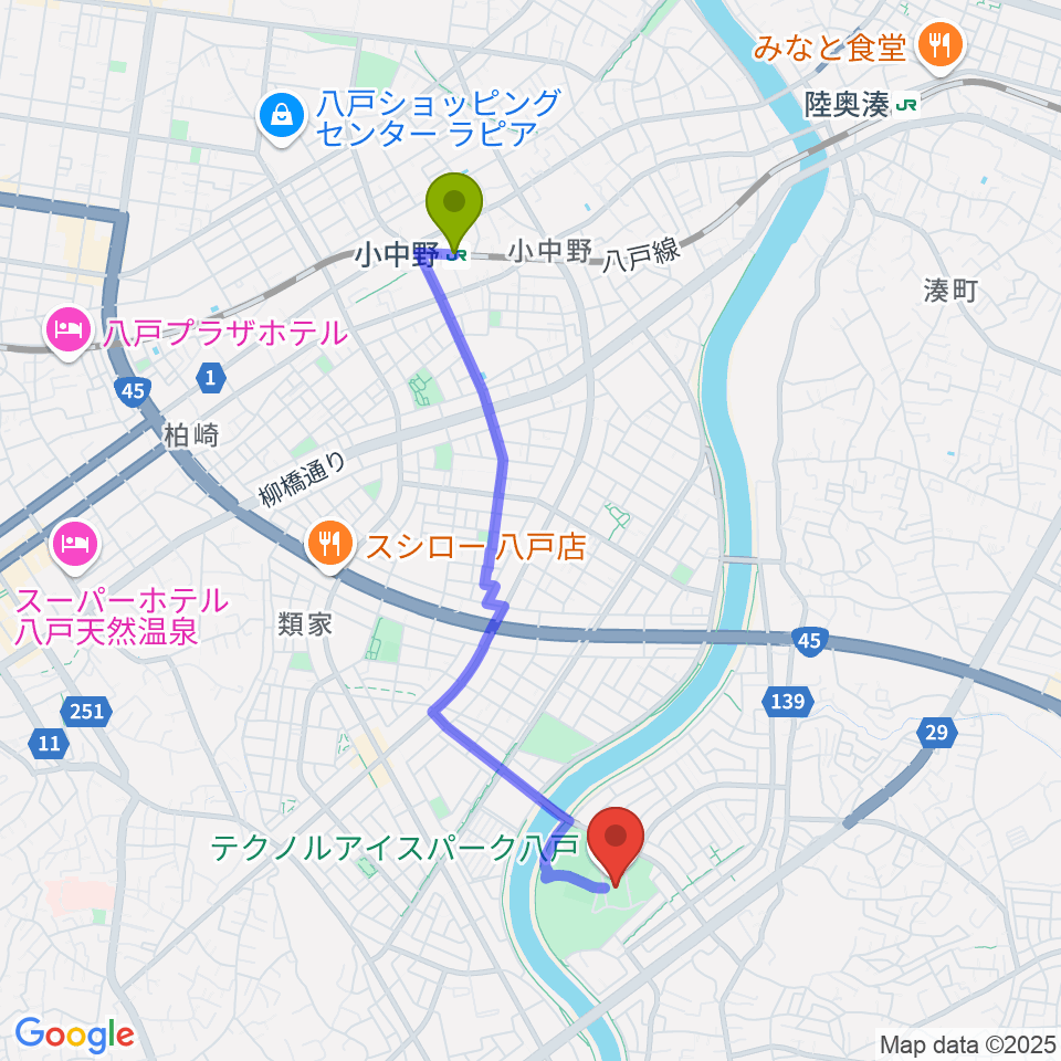 テクノルアイスパーク八戸の最寄駅小中野駅からの徒歩ルート（約36分）地図