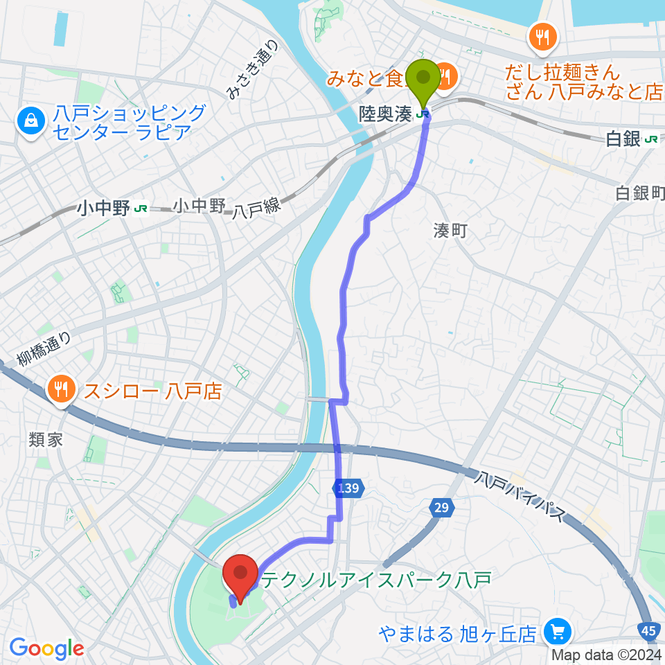 陸奥湊駅からテクノルアイスパーク八戸へのルートマップ地図