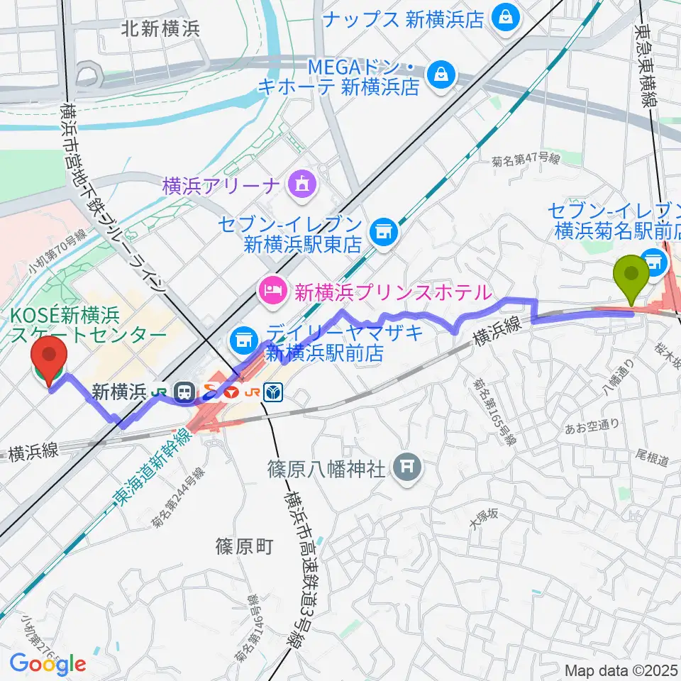 菊名駅からKOSÉ新横浜スケートセンターへのルートマップ地図