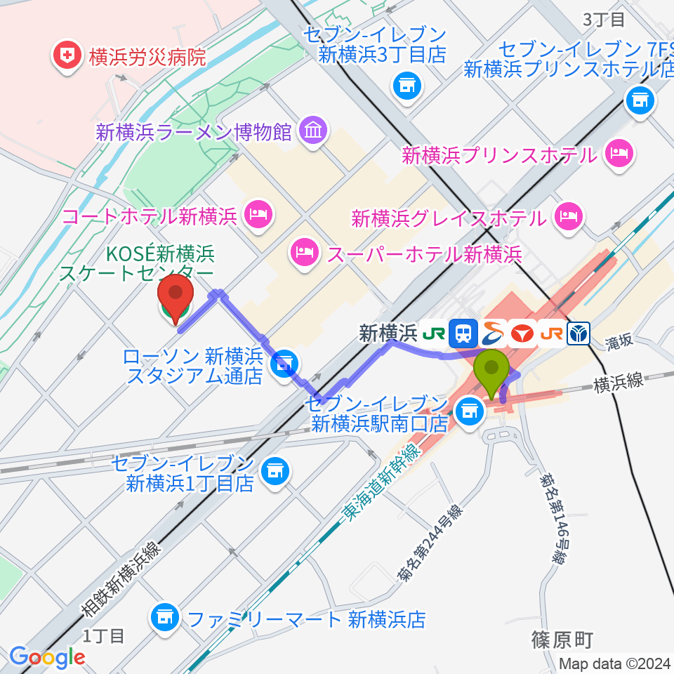 KOSÉ新横浜スケートセンターの最寄駅新横浜駅からの徒歩ルート（約8分）地図