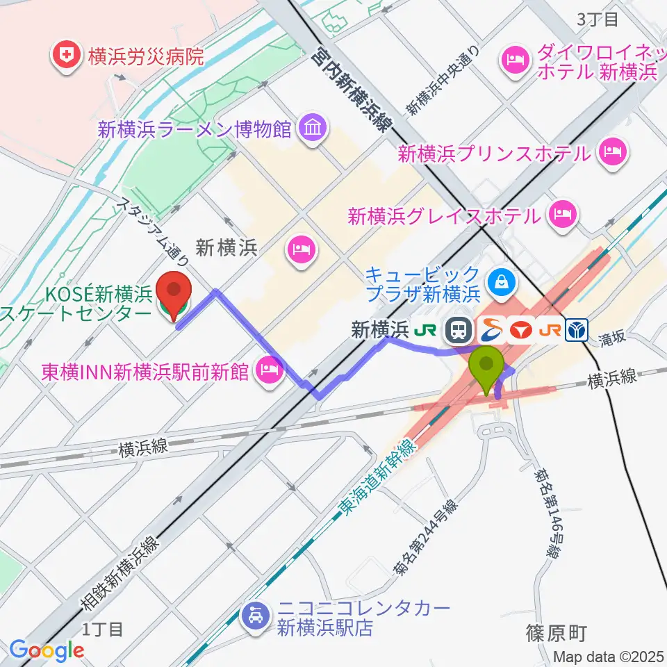 KOSÉ新横浜スケートセンターの最寄駅新横浜駅からの徒歩ルート（約8分）地図