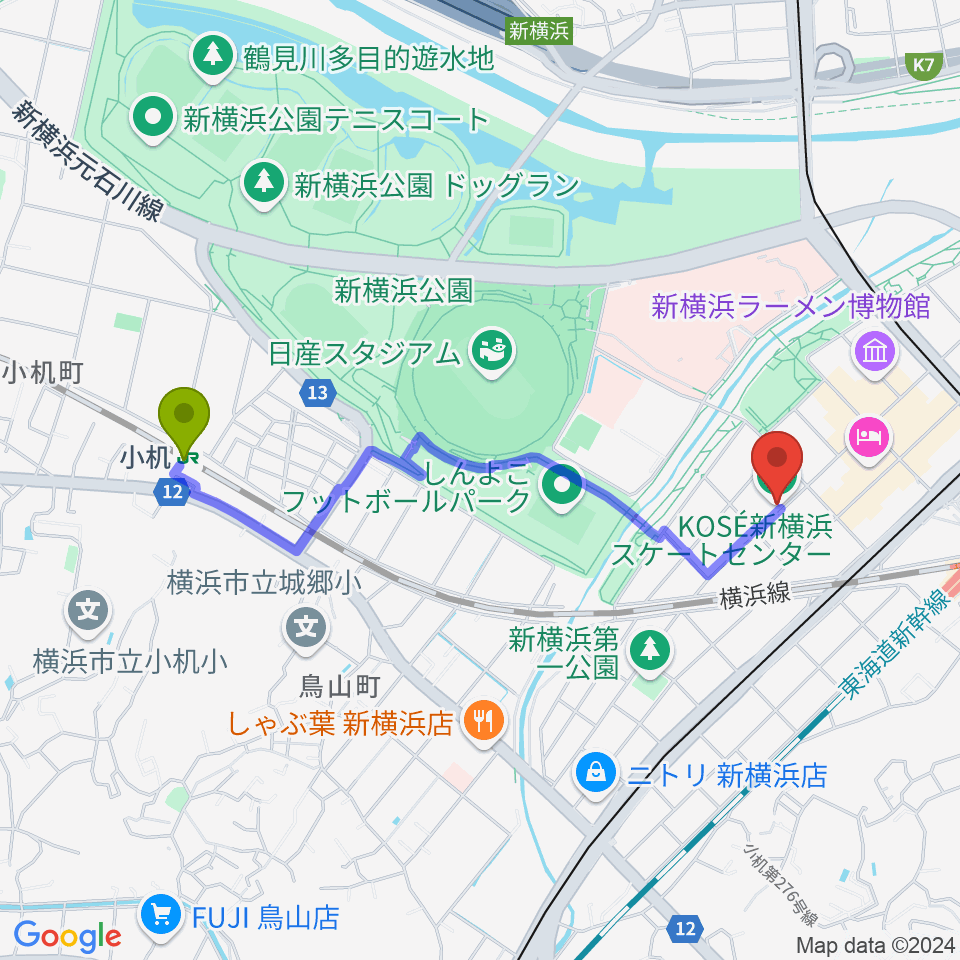 小机駅からKOSÉ新横浜スケートセンターへのルートマップ地図