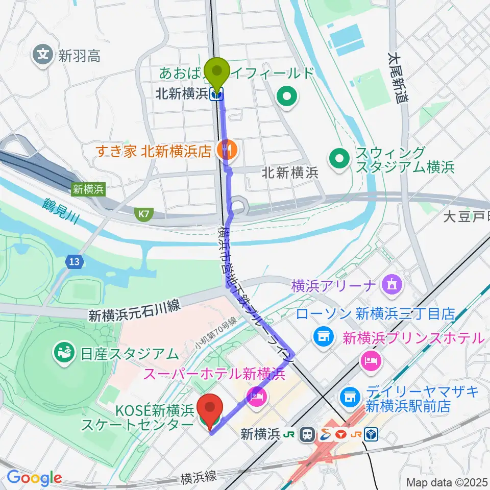 北新横浜駅からKOSÉ新横浜スケートセンターへのルートマップ地図