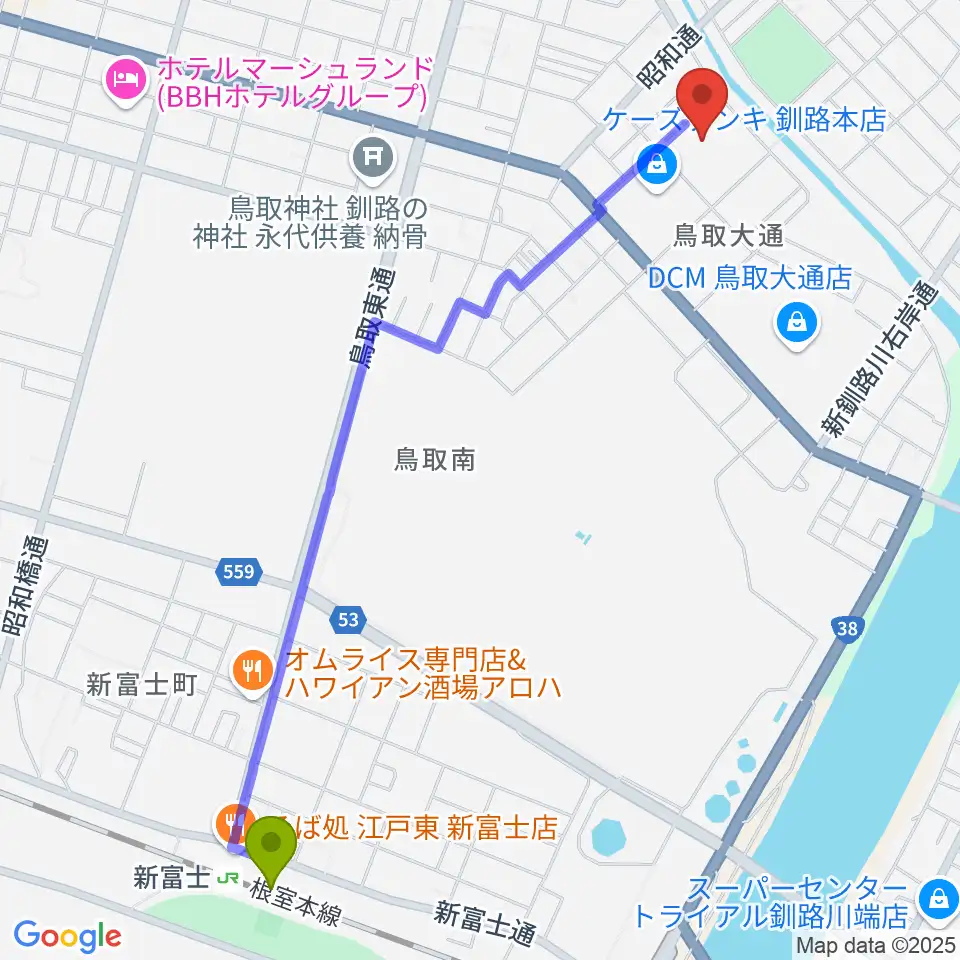 釧路アイスアリーナの最寄駅新富士駅からの徒歩ルート（約25分）地図