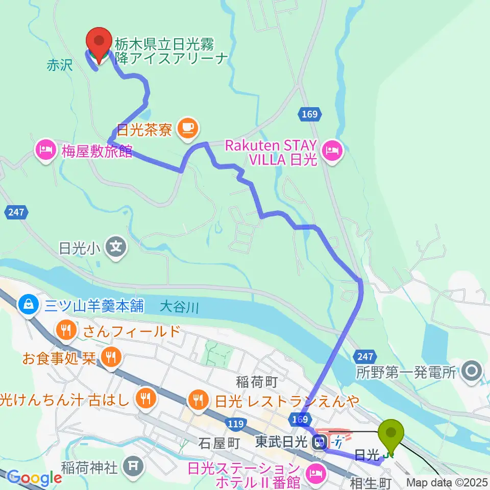 日光霧降アイスアリーナの最寄駅日光駅からの徒歩ルート（約30分）地図