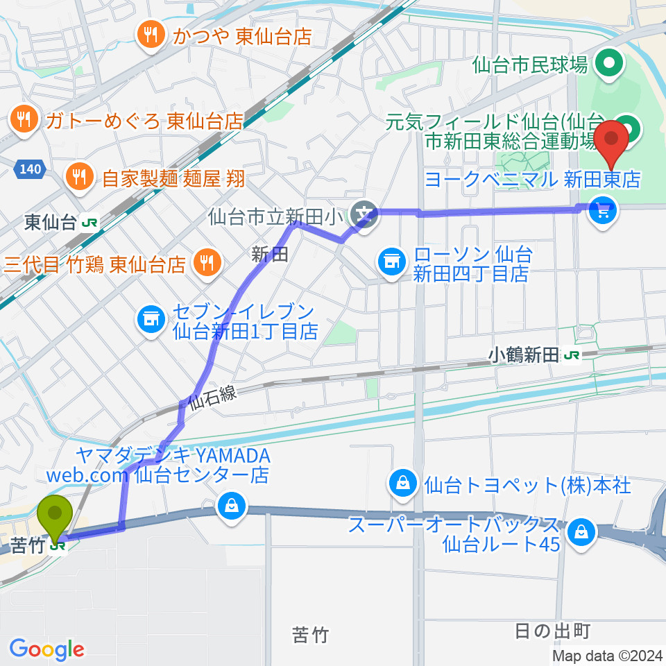 苦竹駅から元気フィールド仙台宮城野体育館へのルートマップ地図