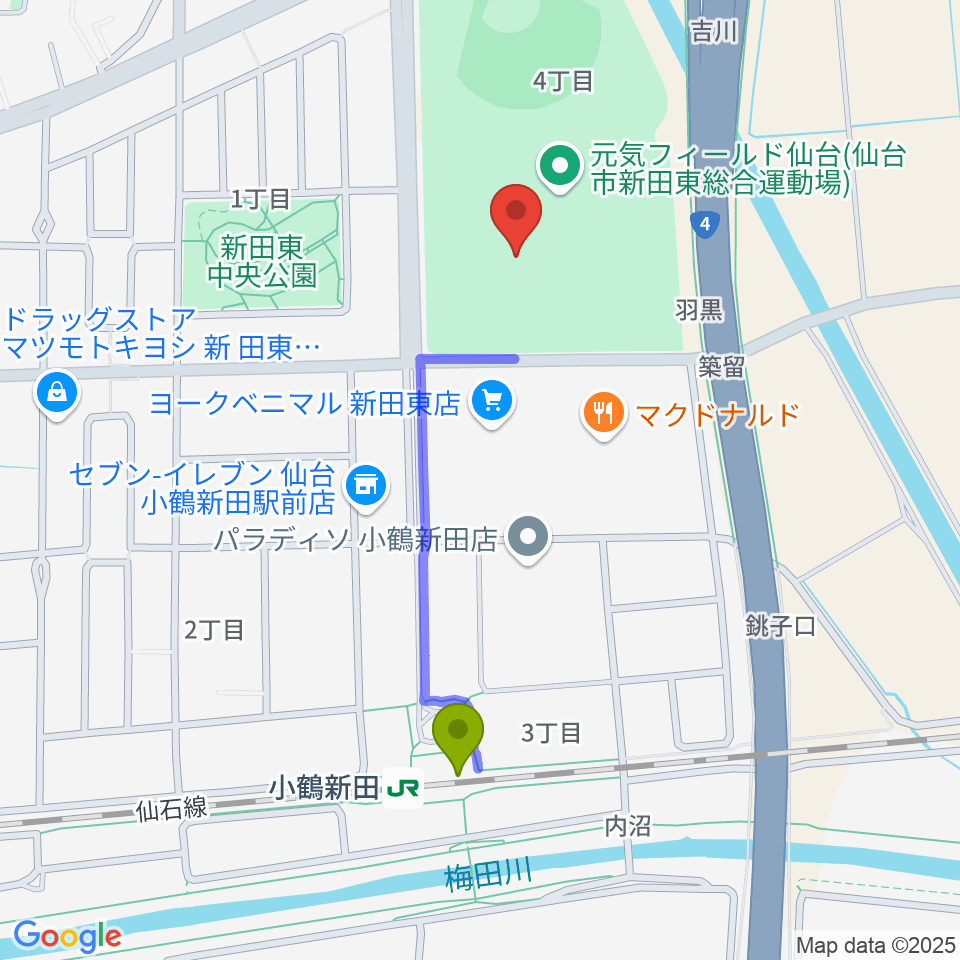 元気フィールド仙台宮城野体育館の最寄駅小鶴新田駅からの徒歩ルート（約8分）地図