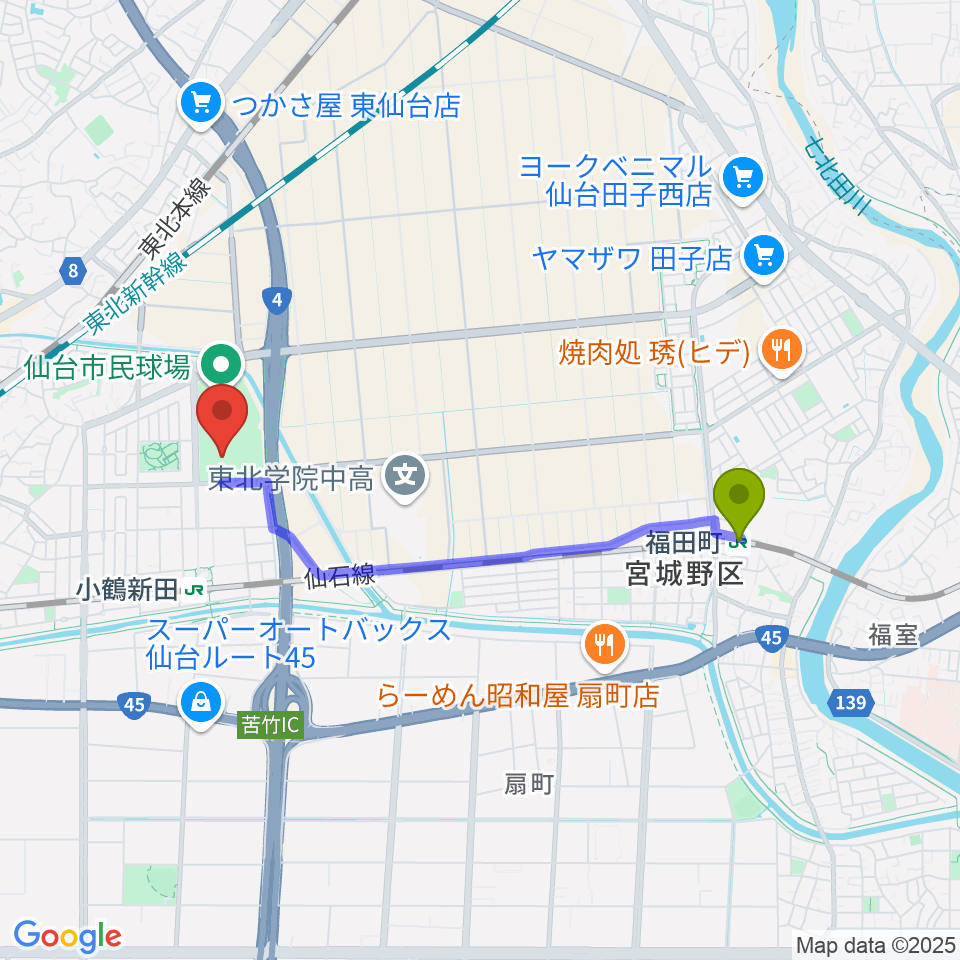 福田町駅から元気フィールド仙台宮城野体育館へのルートマップ Mdata