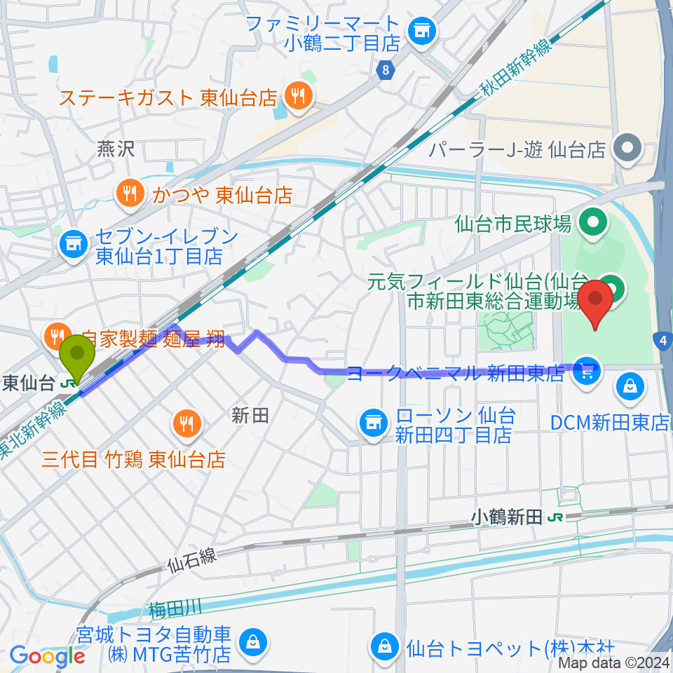 東仙台駅から元気フィールド仙台宮城野体育館へのルートマップ地図