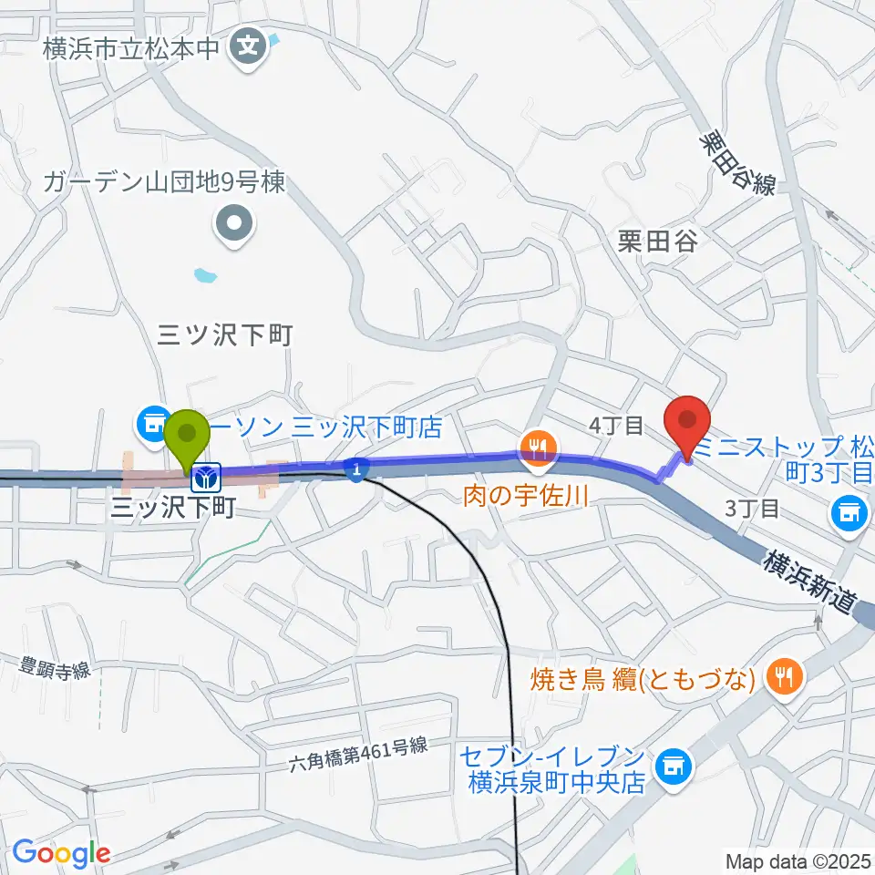 三ツ沢下町駅からみずさわ管楽器工房へのルートマップ地図