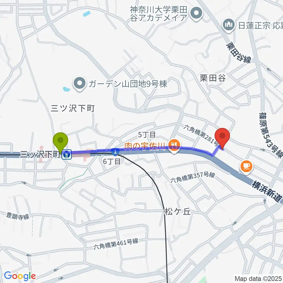 三ツ沢下町駅からみずさわ管楽器工房へのルートマップ地図