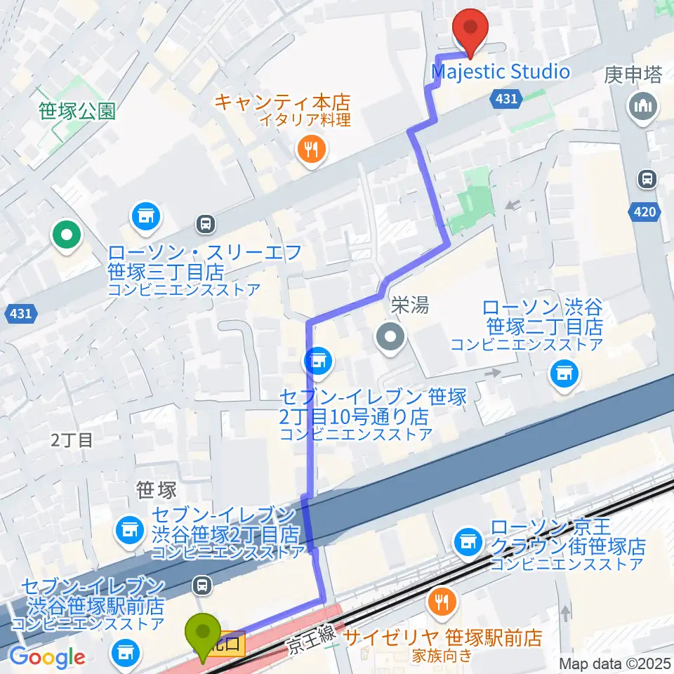 Majestic Studioの最寄駅笹塚駅からの徒歩ルート（約8分）地図