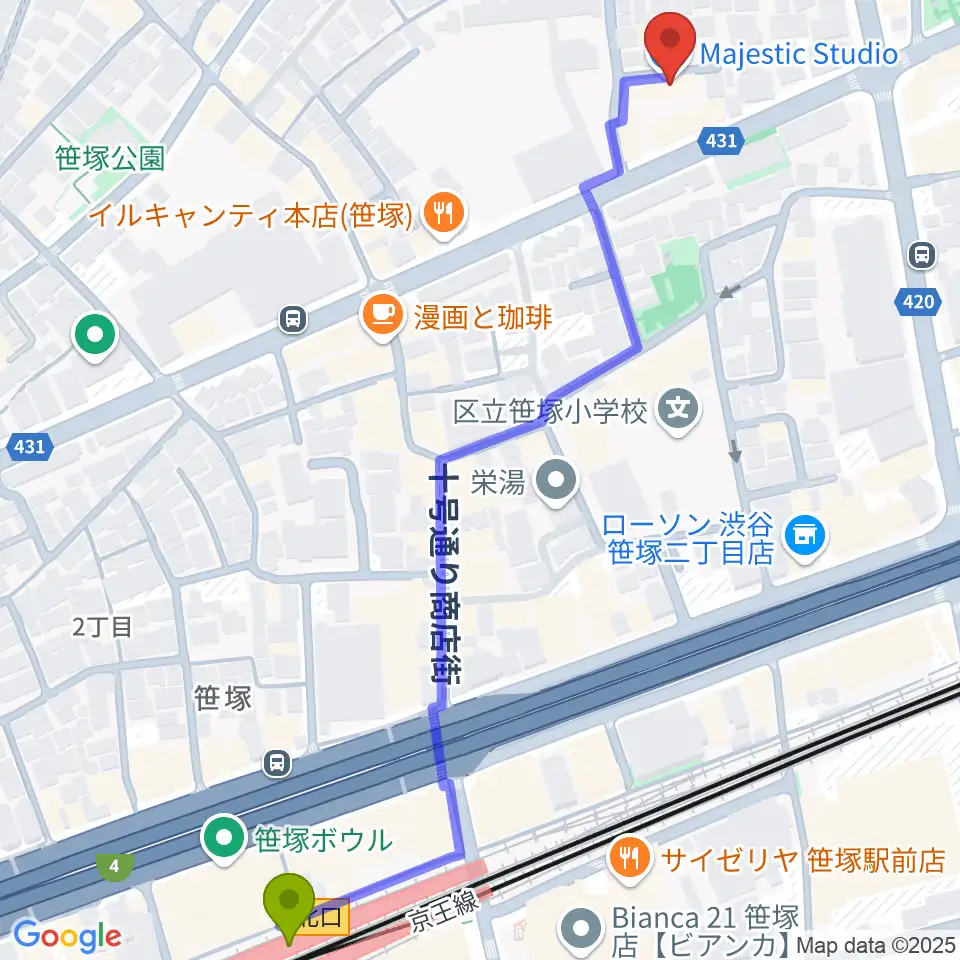 Majestic Studioの最寄駅笹塚駅からの徒歩ルート（約8分）地図
