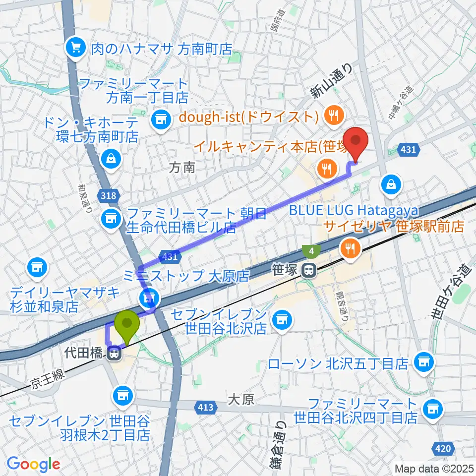 代田橋駅からMajestic Studioへのルートマップ地図