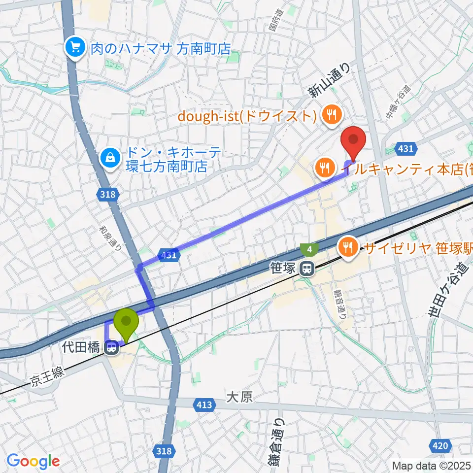 代田橋駅からMajestic Studioへのルートマップ地図
