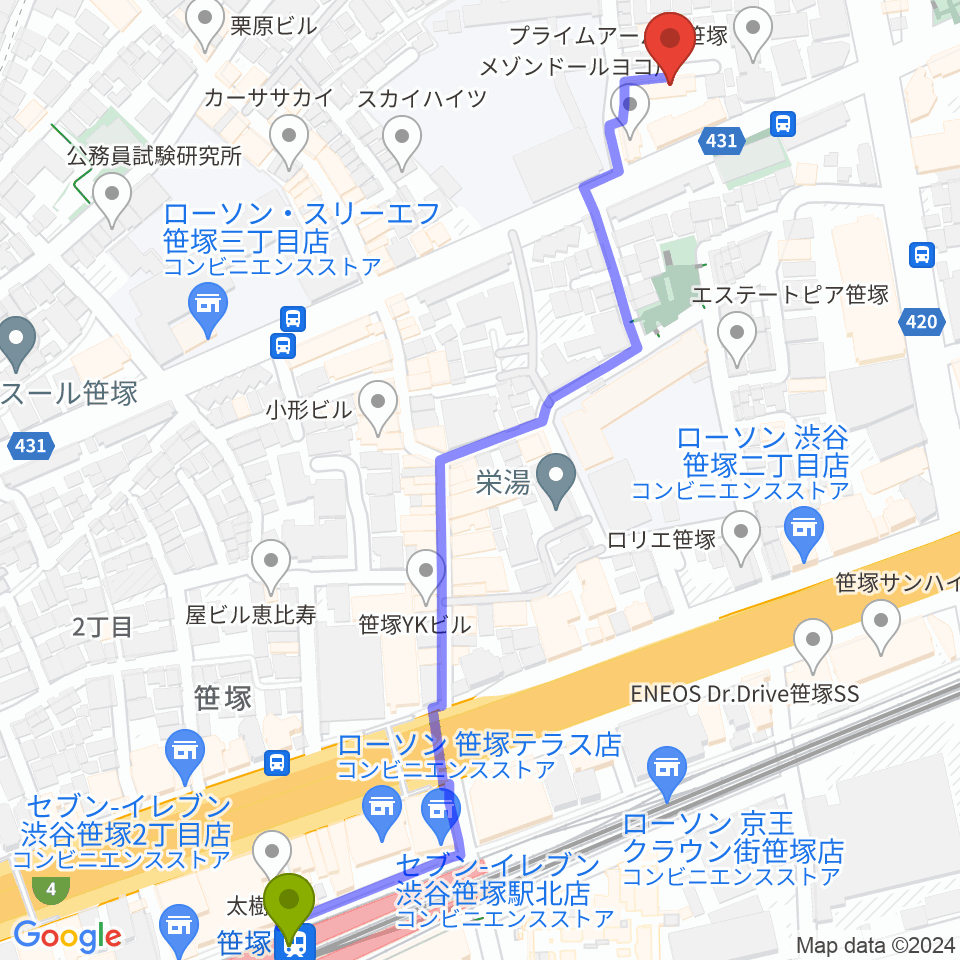 笹塚駅からMajestic Studioへのルートマップ地図