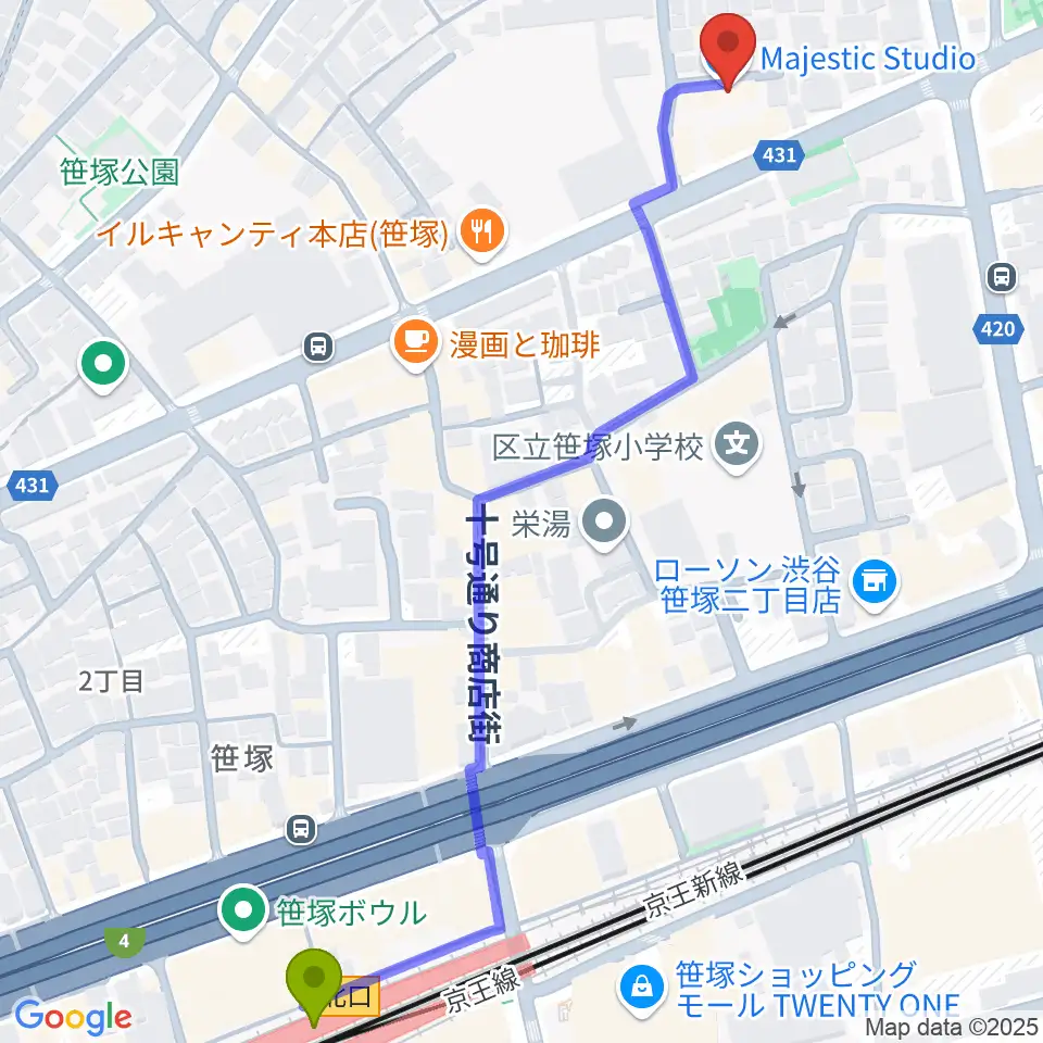 笹塚駅からMajestic Studioへのルートマップ地図