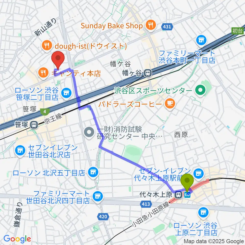 代々木上原駅からMajestic Studioへのルートマップ地図