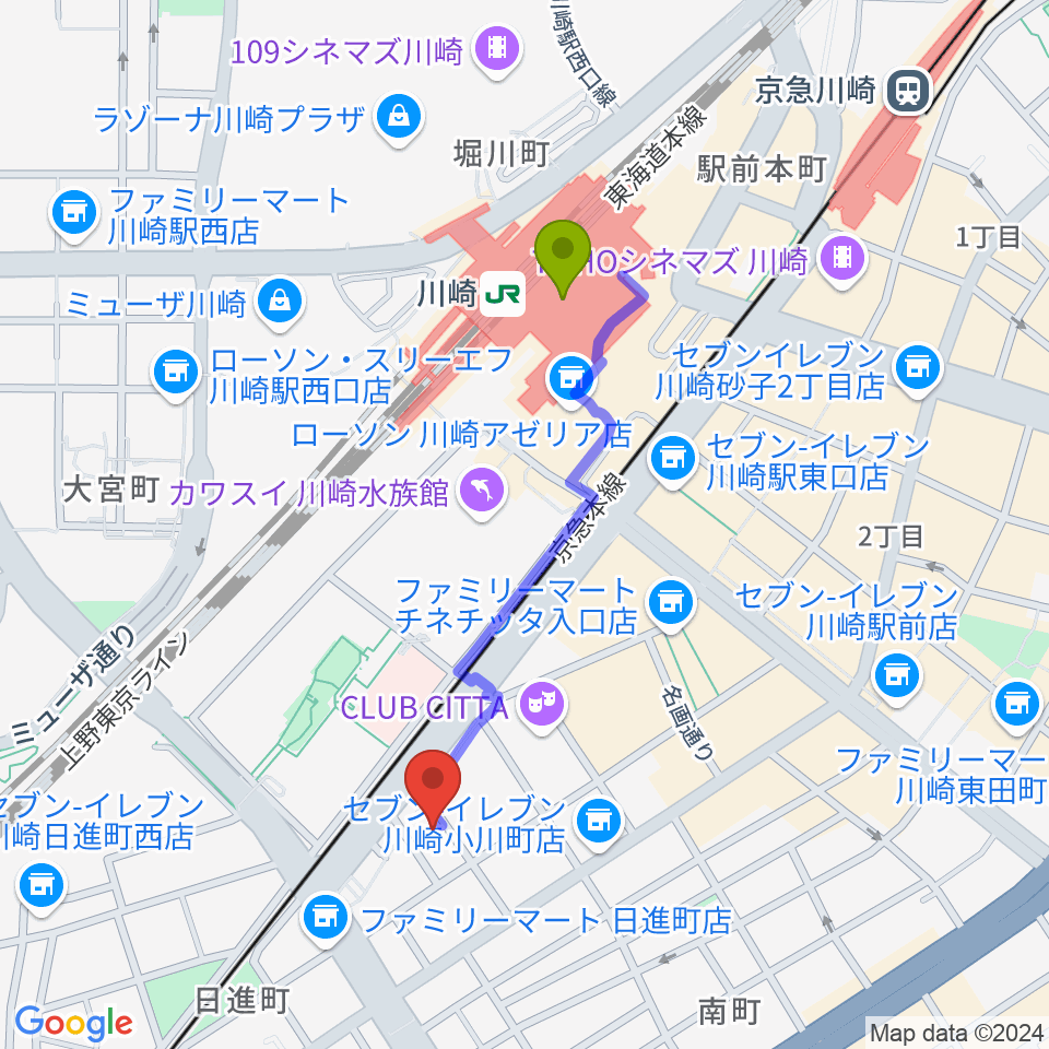 STUDIO楽 川崎店の最寄駅川崎駅からの徒歩ルート（約8分）地図