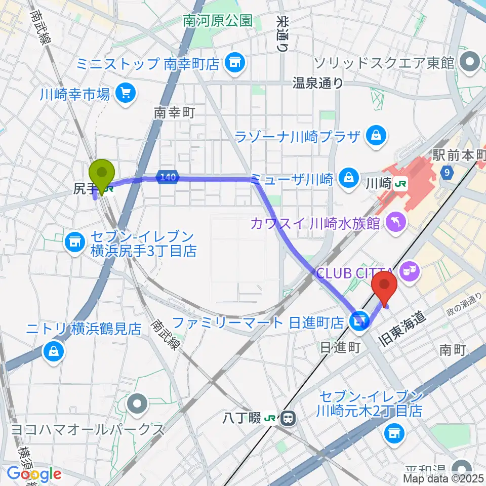 尻手駅からSTUDIO楽 川崎店へのルートマップ地図