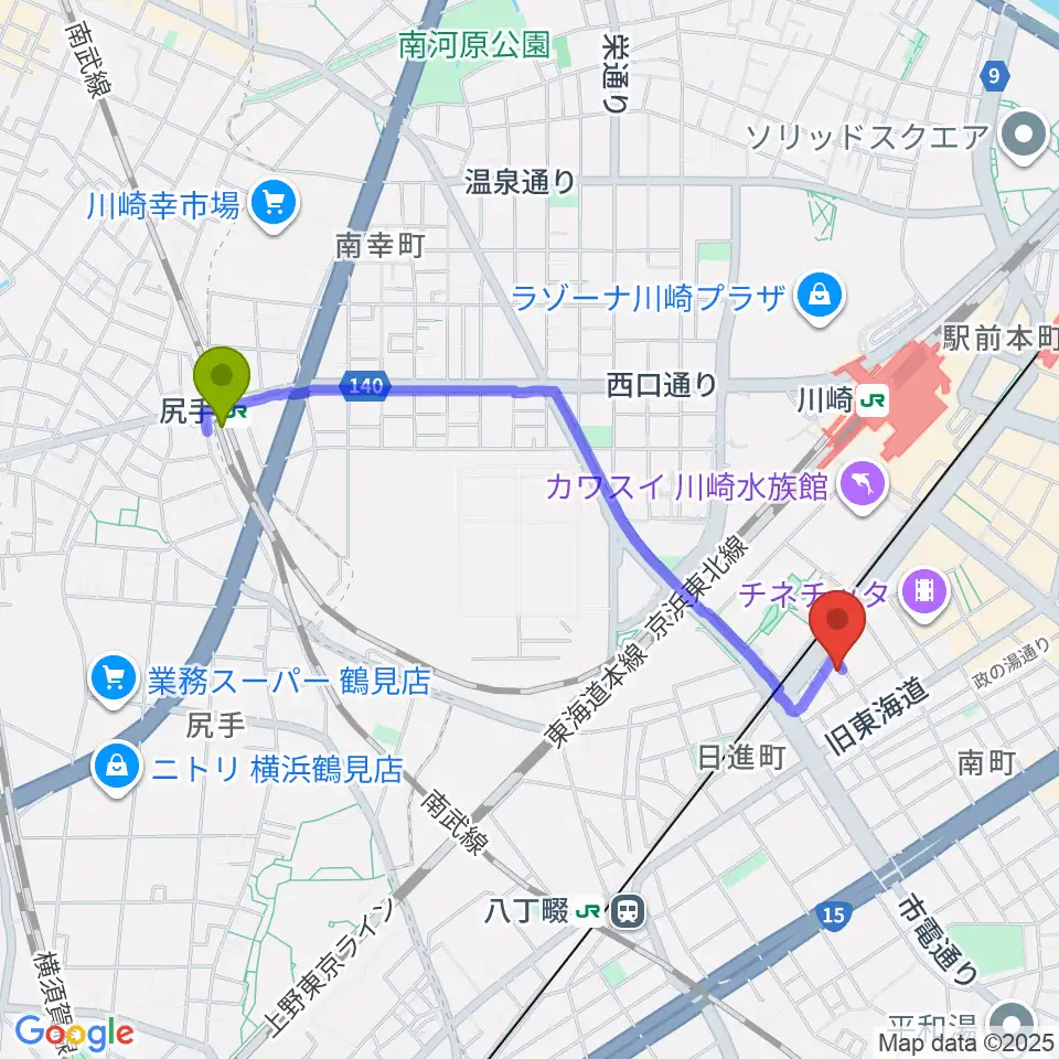 尻手駅からSTUDIO楽 川崎店へのルートマップ地図