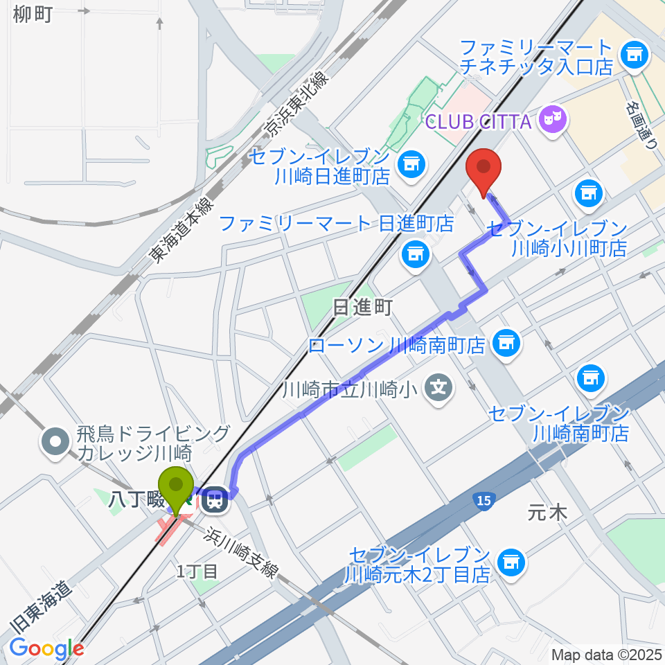 八丁畷駅からSTUDIO楽 川崎店へのルートマップ地図