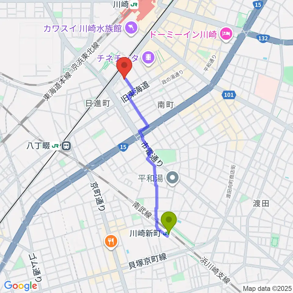 川崎新町駅からSTUDIO楽 川崎店へのルートマップ地図