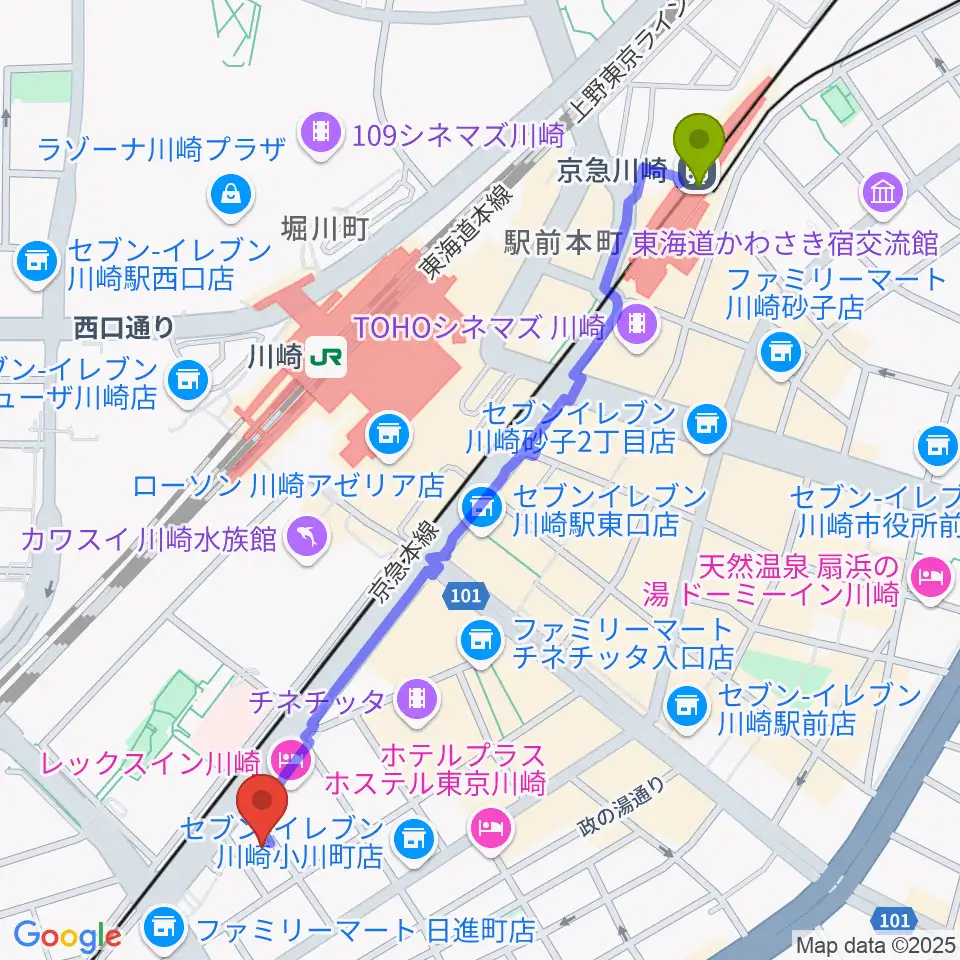 京急川崎駅からSTUDIO楽 川崎店へのルートマップ地図